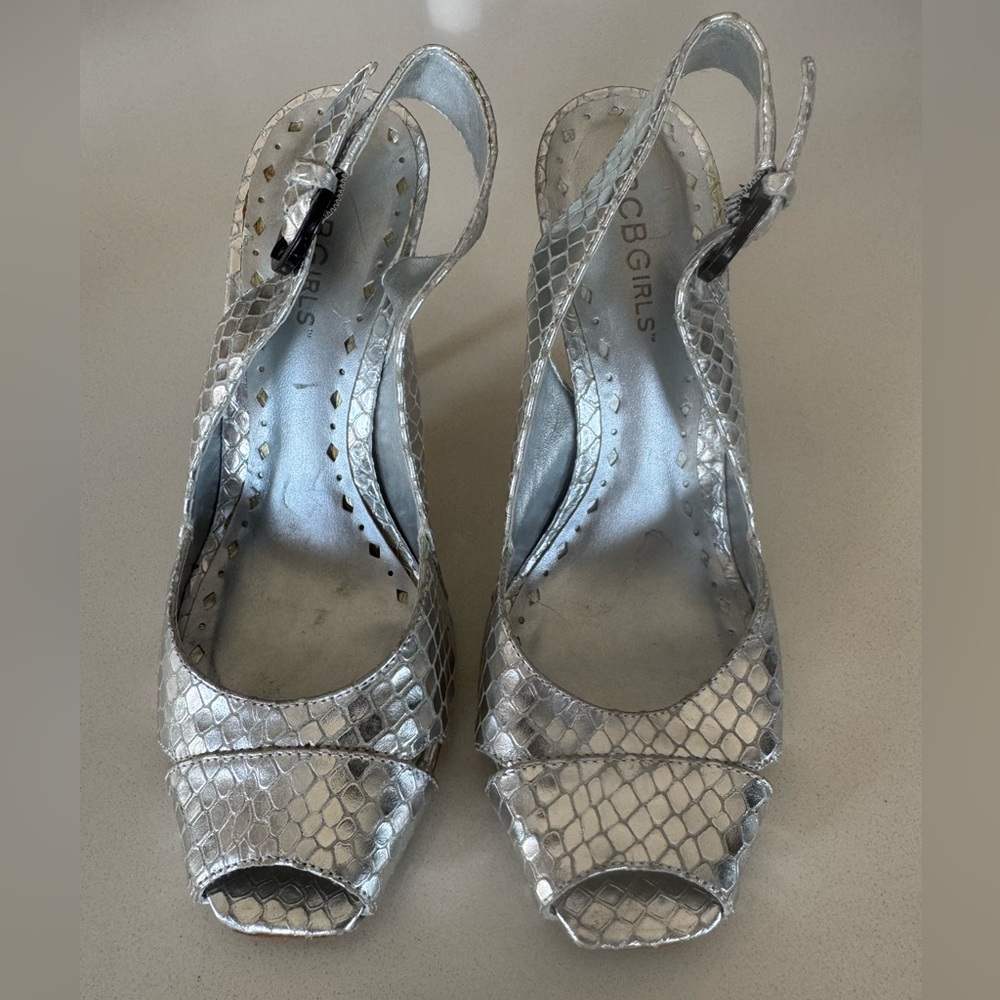 BCBGirls Silver Peep Toe Heels size 6.5